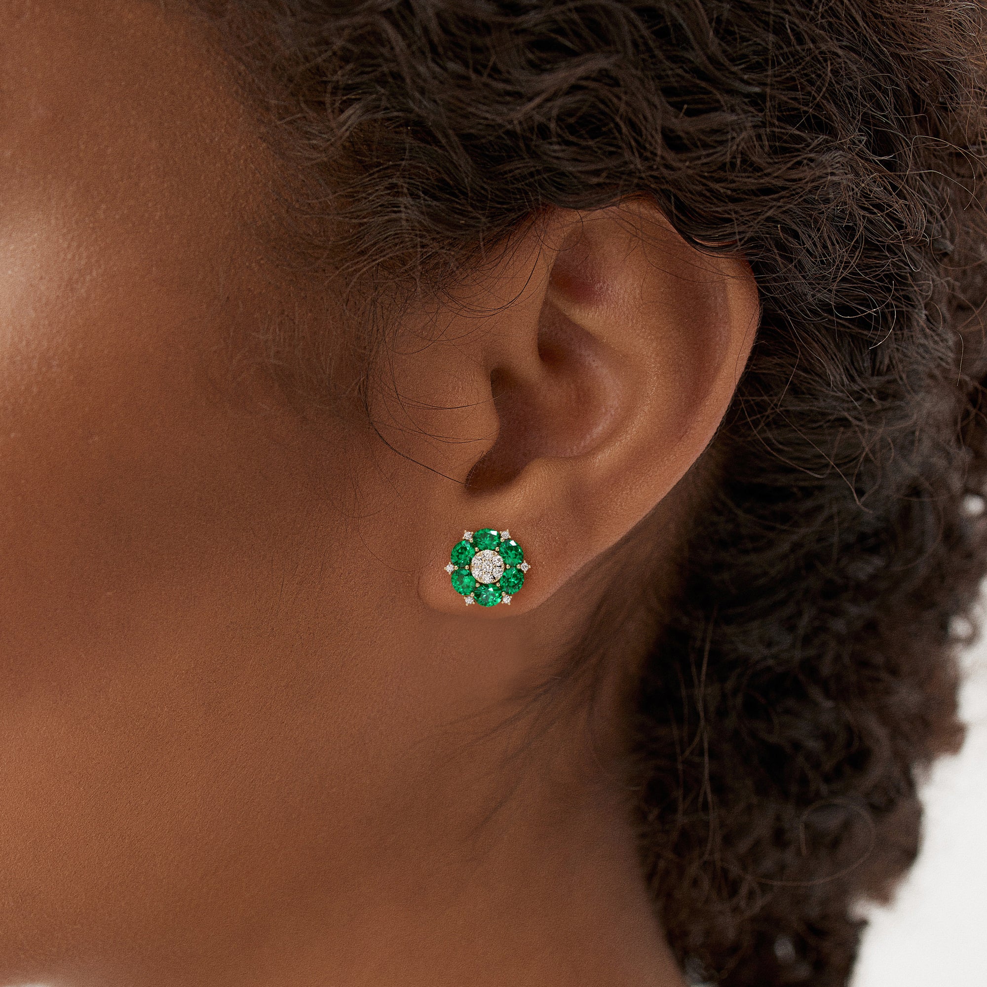 4.70 Ctw 14k Lab Grown  Emerald and Diamond Cluster Stud Earrings - Brina - Image 3