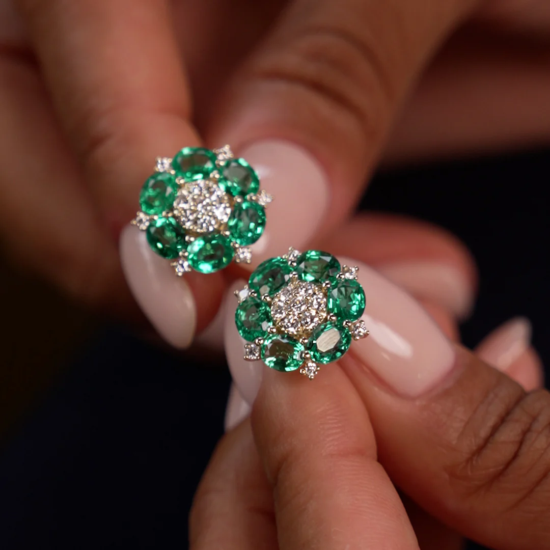 4.70 Ctw 14k Lab Grown  Emerald and Diamond Cluster Stud Earrings - Brina - Image 4
