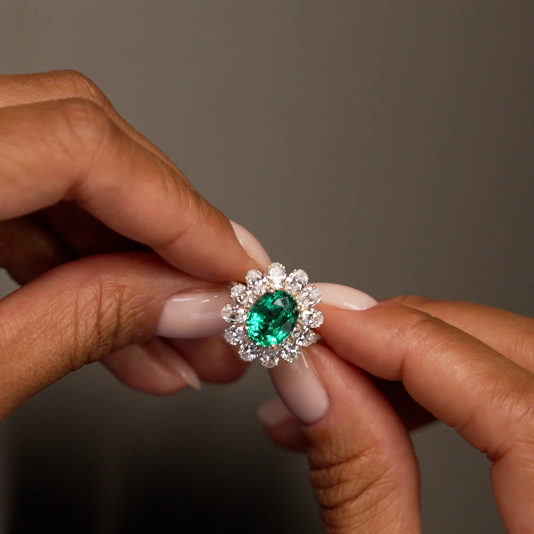 5.30 Ctw 14k Lab Grown Colombian Emerald and Oval Diamond Halo Statement Ring - Nysa - Image 2