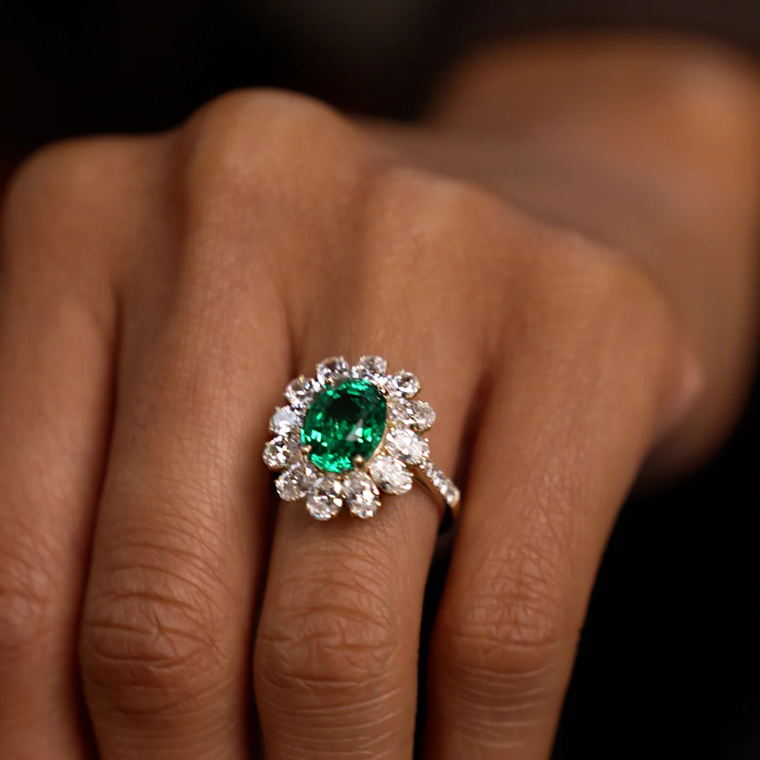 5.30 Ctw 14k Lab Grown Colombian Emerald and Oval Diamond Halo Statement Ring - Nysa - Image 3