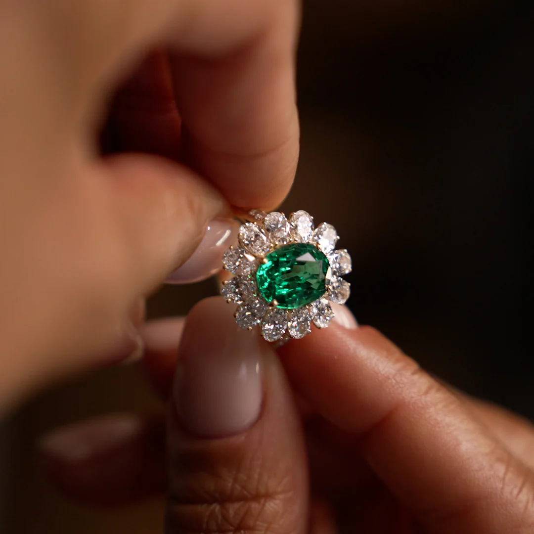 5.30 Ctw 14k Lab Grown Colombian Emerald and Oval Diamond Halo Statement Ring - Nysa - Image 5
