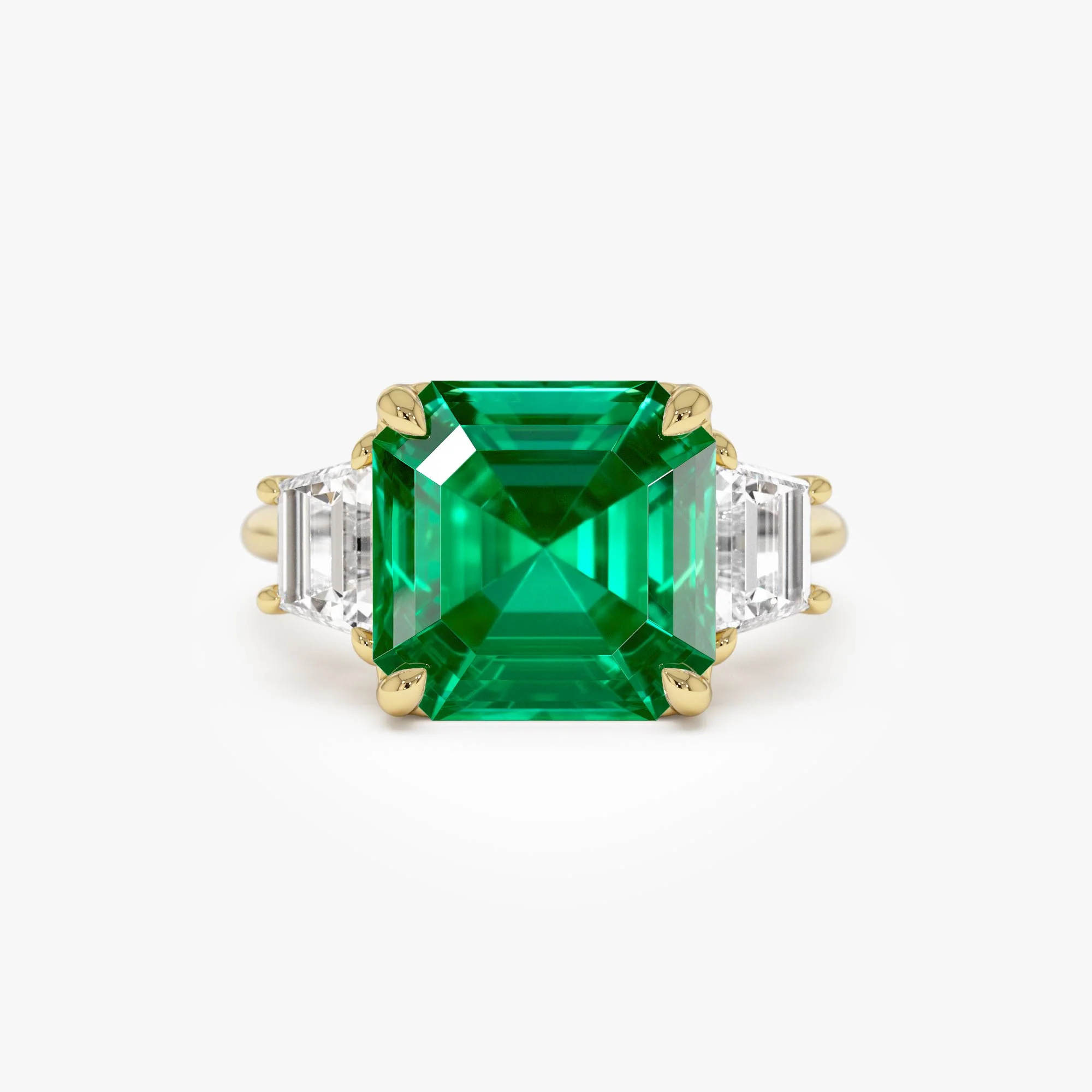6.00 Ctw Lab Grown Colombian Emerald and Trapezoid Diamond Three Stone Engagement Ring - Demi