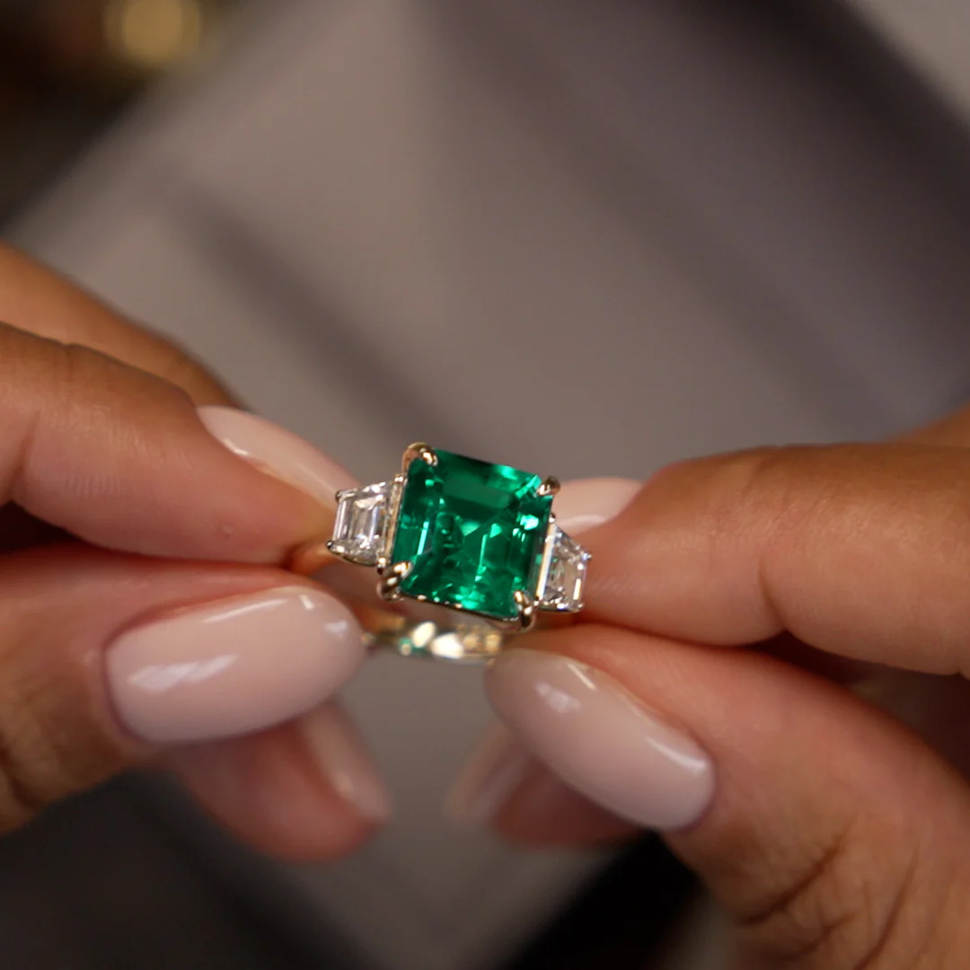 6.00 Ctw Lab Grown Colombian Emerald and Trapezoid Diamond Three Stone Engagement Ring - Demi - Image 2