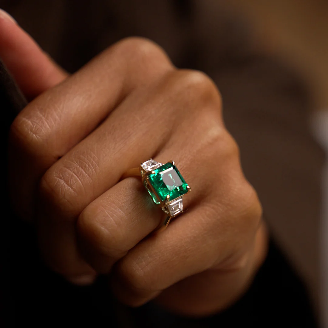 6.00 Ctw Lab Grown Colombian Emerald and Trapezoid Diamond Three Stone Engagement Ring - Demi - Image 3