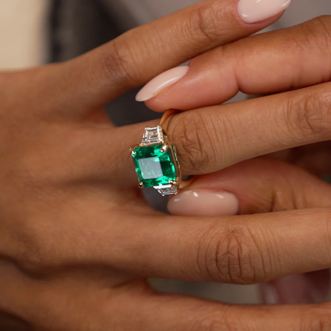 6.00 Ctw Lab Grown Colombian Emerald and Trapezoid Diamond Three Stone Engagement Ring - Demi - Image 4