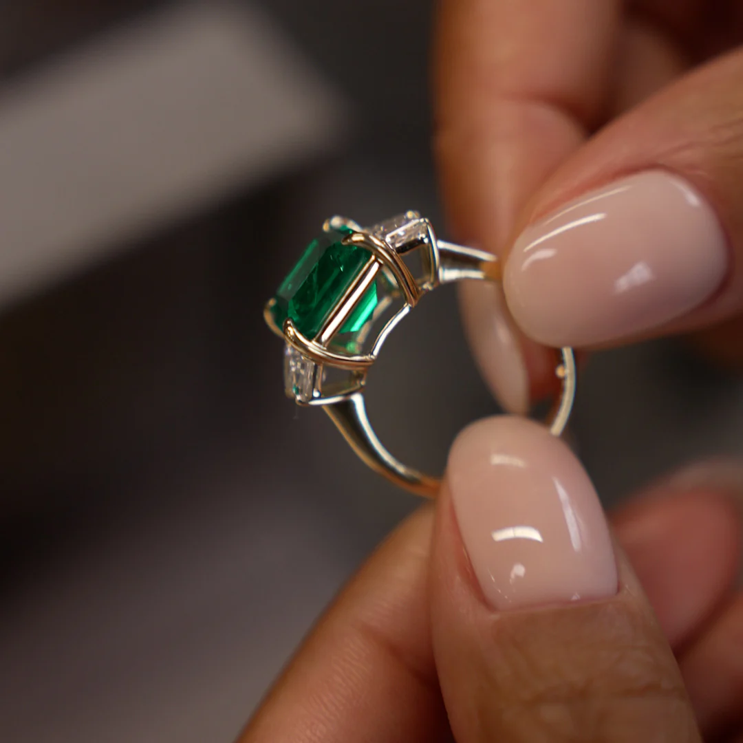 6.00 Ctw Lab Grown Colombian Emerald and Trapezoid Diamond Three Stone Engagement Ring - Demi - Image 5