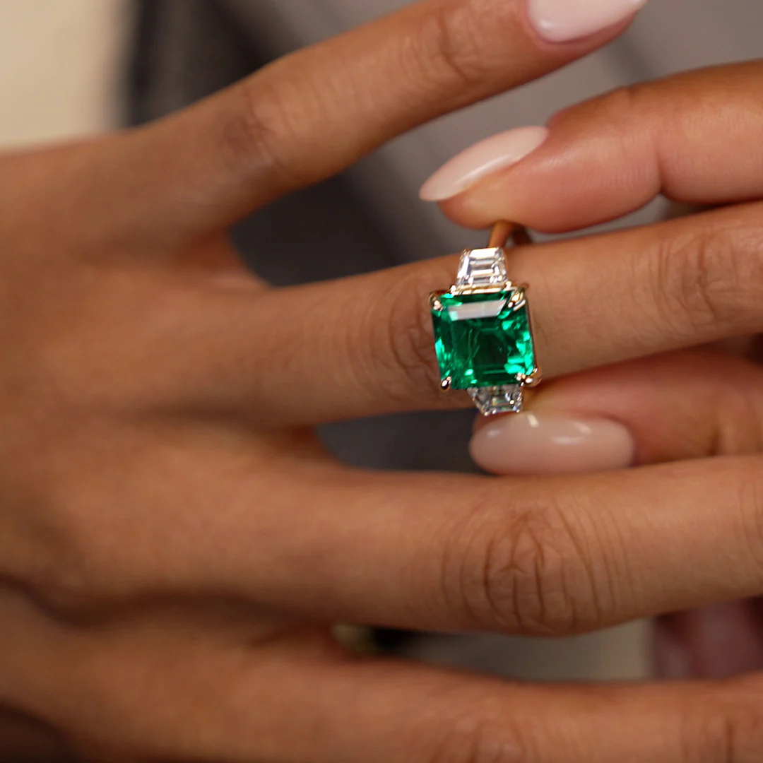 6.00 Ctw Lab Grown Colombian Emerald and Trapezoid Diamond Three Stone Engagement Ring - Demi - Image 6