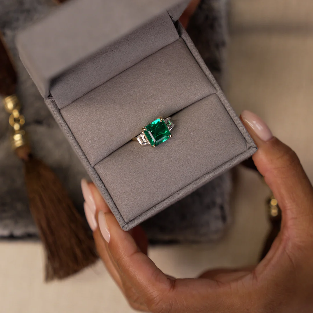 6.00 Ctw Lab Grown Colombian Emerald and Trapezoid Diamond Three Stone Engagement Ring - Demi - Image 7