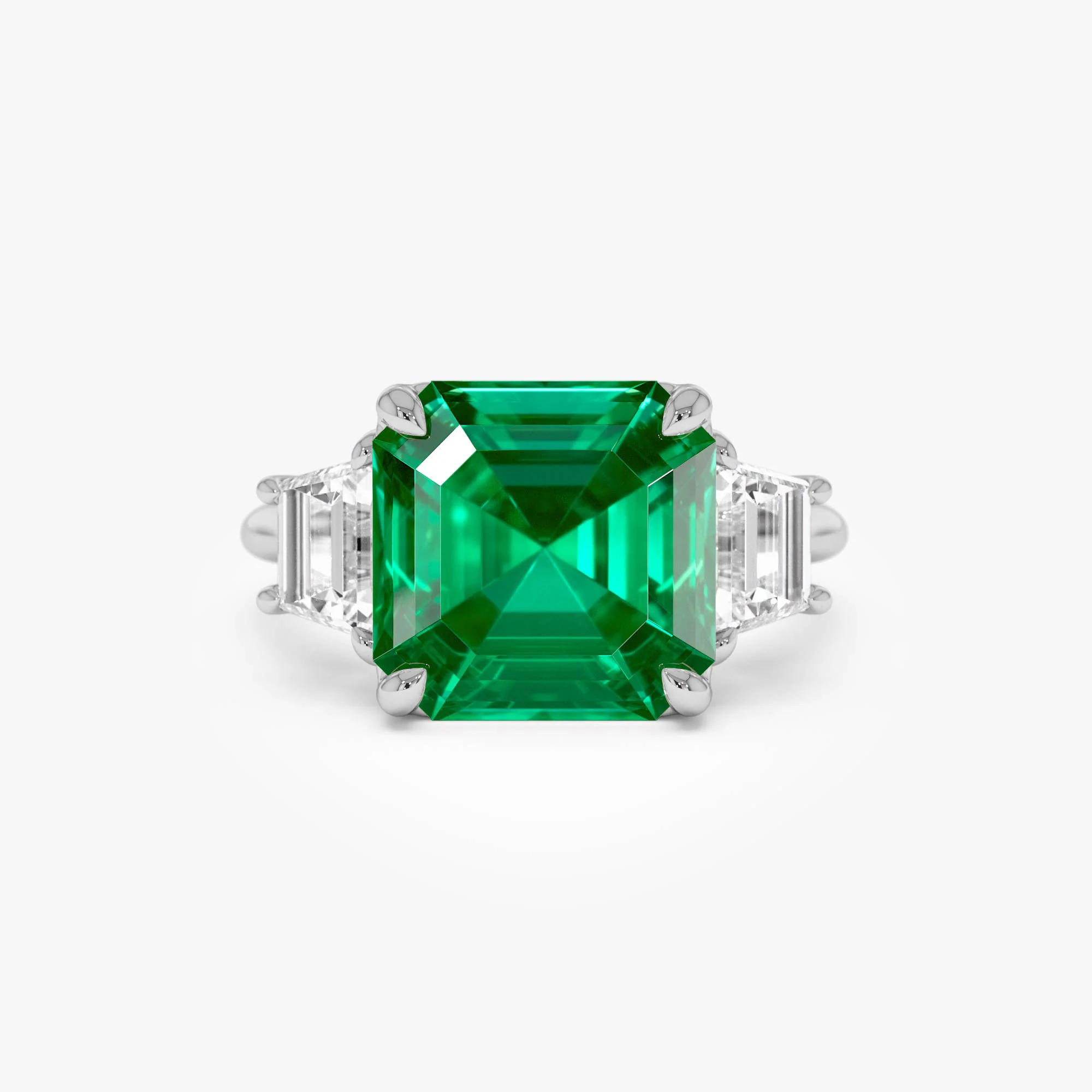 6.00 Ctw Lab Grown Colombian Emerald and Trapezoid Diamond Three Stone Engagement Ring - Demi - Image 9