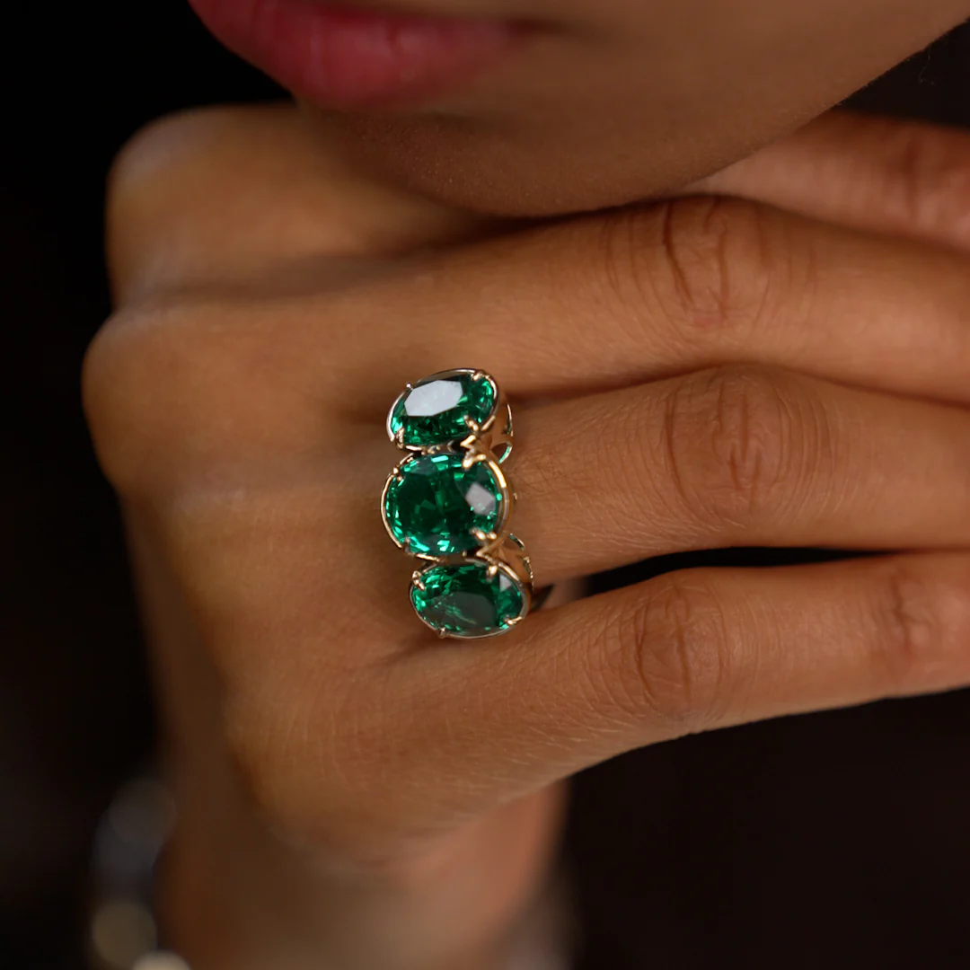 9.15 Ctw 14k Lab Grown Colombian Emerald Three Stone Ring - Thea - Image 2