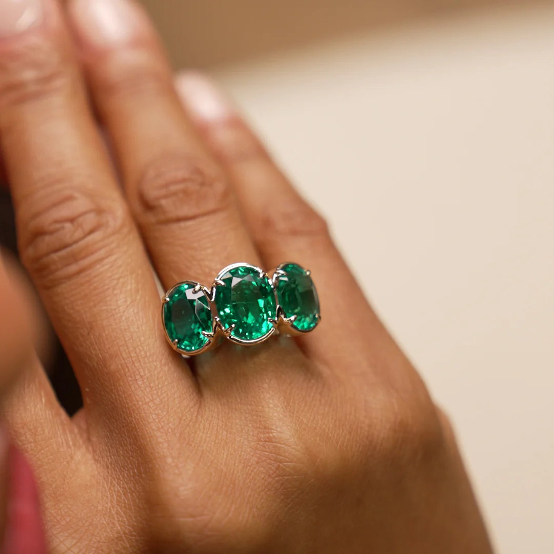 9.15 Ctw 14k Lab Grown Colombian Emerald Three Stone Ring - Thea - Image 3
