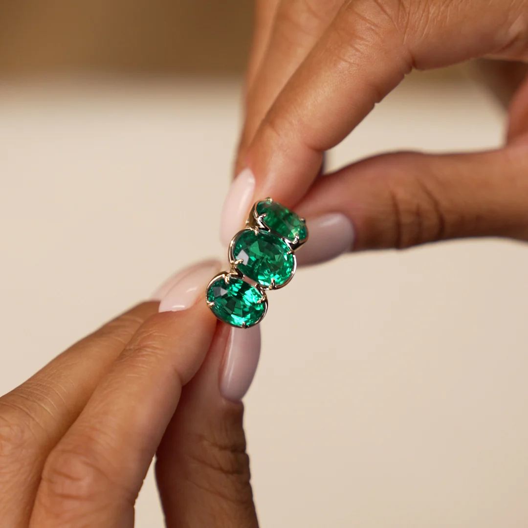 9.15 Ctw 14k Lab Grown Colombian Emerald Three Stone Ring - Thea - Image 4