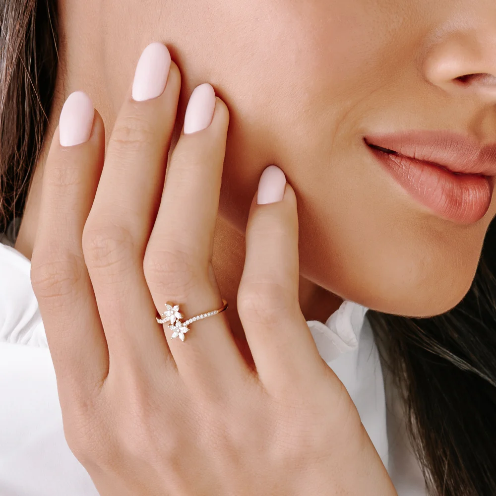 Marquise Diamond Flower Bypass Ring in 14k - Image 5