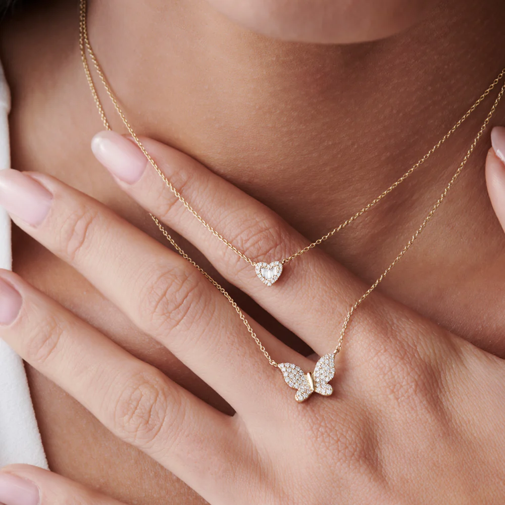 Round and Baguette Diamond Mini Heart Necklace in 14K - Image 3