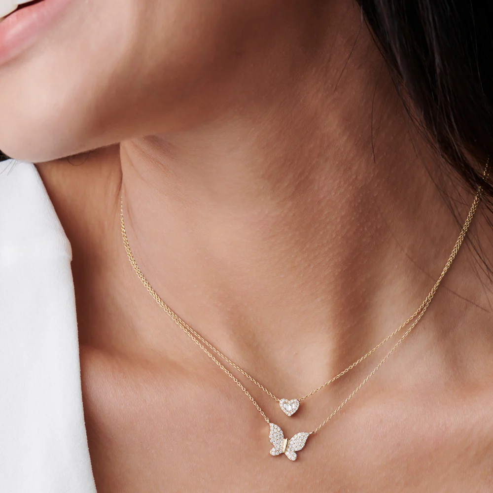 Round and Baguette Diamond Mini Heart Necklace in 14K - Image 5
